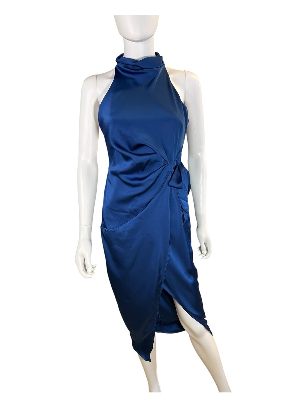 NWT Halfisland Royal Blue Satin Halter Midi Dress Cowl Neck Wrap Skirt | Size XS